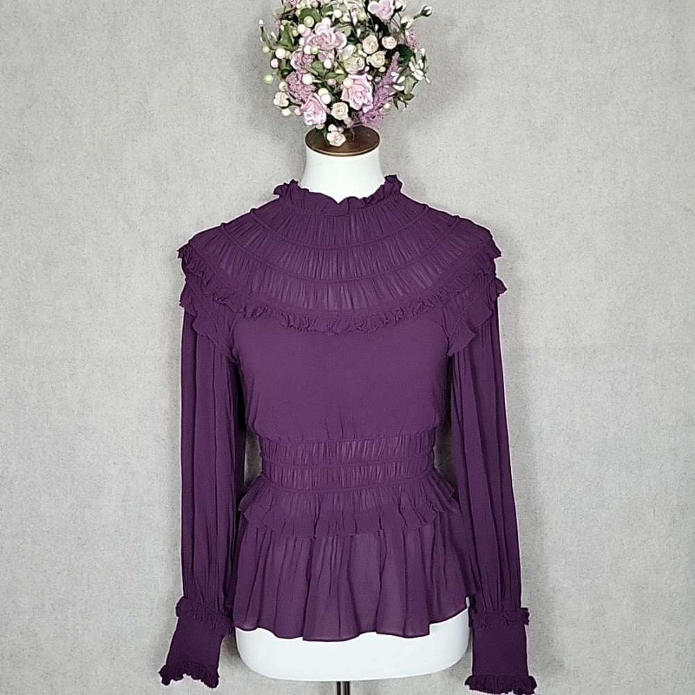 Farm Rio, Elegant Purple Ruffled Women's Top, XXS